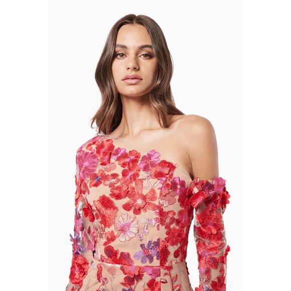 NWT Elliatt Merriment Electric Floral Appliqué Midi-Dress Red Beige Small $495 - Picture 4 of 10